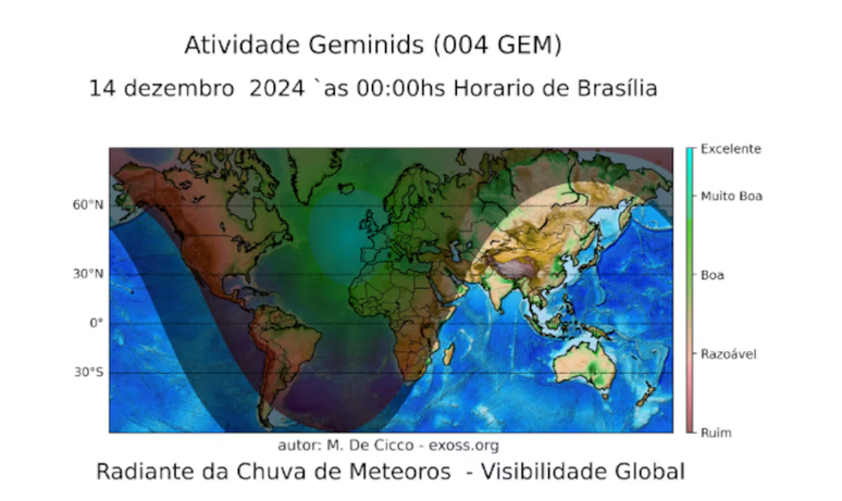 Mapa de visibilidade noturna durante a máxima atividade da chuva. Recomenda-se observação após a meia-noite de sexta-feira, 13, para sábado, 14