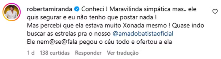 Roberta Miranda comenta namoro de Amado Batista com miss de 22 anos