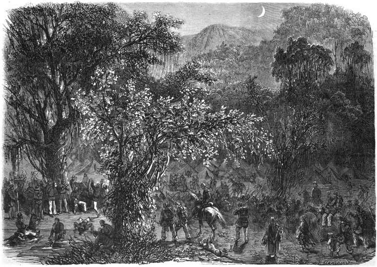 Ilustra&ccedil;&atilde;o mostra um acampamento de militares brasileiros durante a Guerra do Paraguai