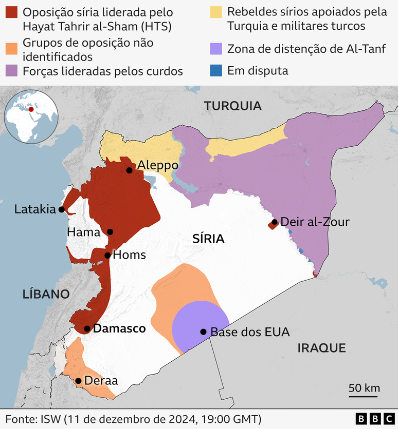 Mapa da Síria com áreas coloridas mostrando controle por diferentes grupos