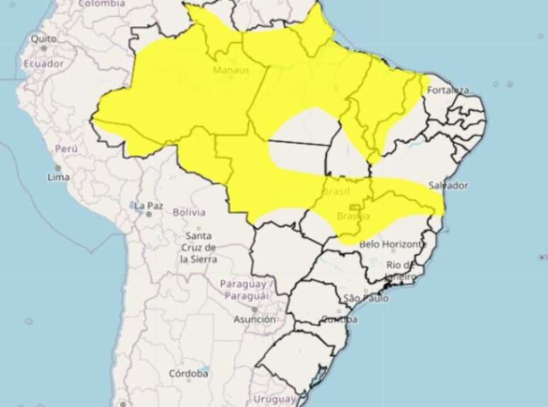 Inmet emite alerta amarelo para chuvas intensas no Brasil.