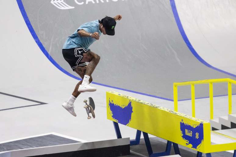 Nyjah Huston durante una carrera final SLS Super Crown, en SP