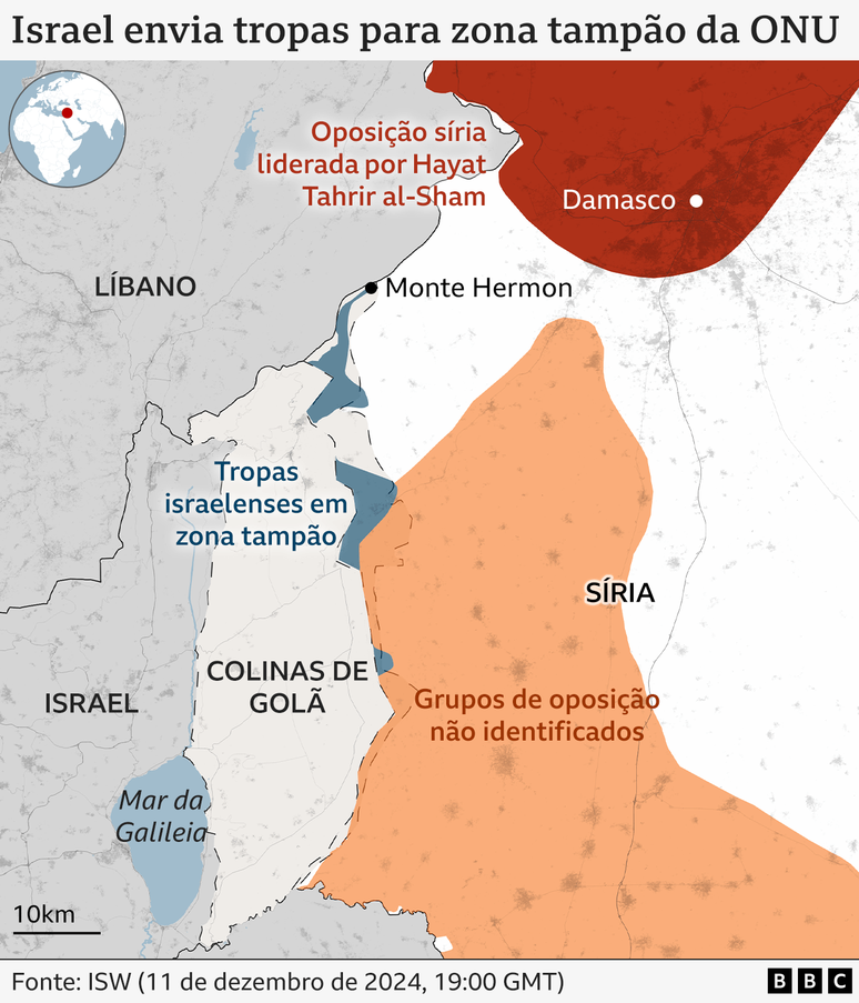 Mapa mostra o sudoeste da Síria e as Colinas de Golã, onde Israel diz que suas forças criaram uma zona-tampão e tomaram posições desocupadas pelo exército sírio em fuga