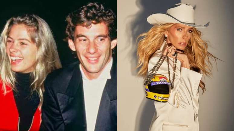 Adriane Galisteu e Ayrton Senna e a apresentadora usando a bolsa de capacete