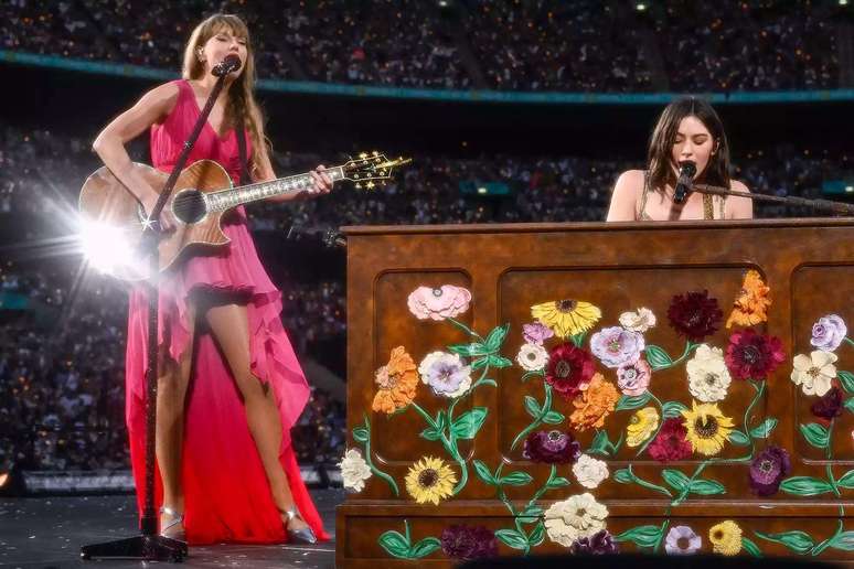 Taylor Swift and Gracie Abrams perform on stage during "Taylor Swift | The Eras Tour" at Wembley Stadium on June 23, 2024. Gareth Cattermole/TAS24/Getty