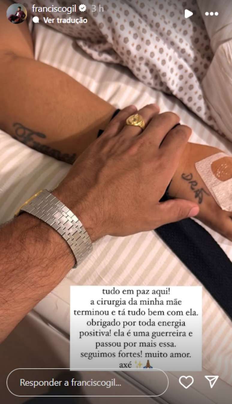 Francisco Gil publica foto de mãos dadas com Preta Gil após cirurgia.