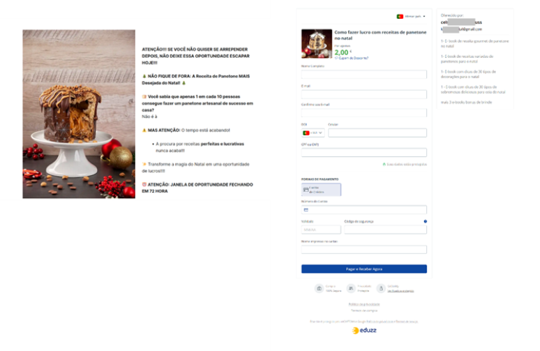 Exemplos de uma página fraudulenta para comprar a receita em português e do site de pagamento falso que solicita dados pessoais e bancários