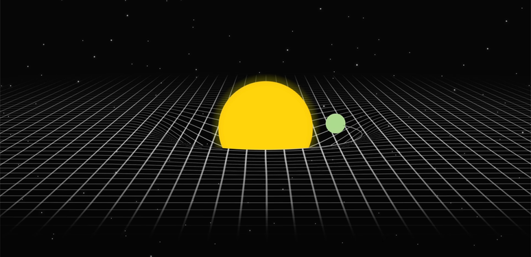 Uma bola de menor massa (em verde) acompanha a curvatura do tecido quadriculado causada pela maior (em amarelo), como acontece com a Terra em relação ao Sol