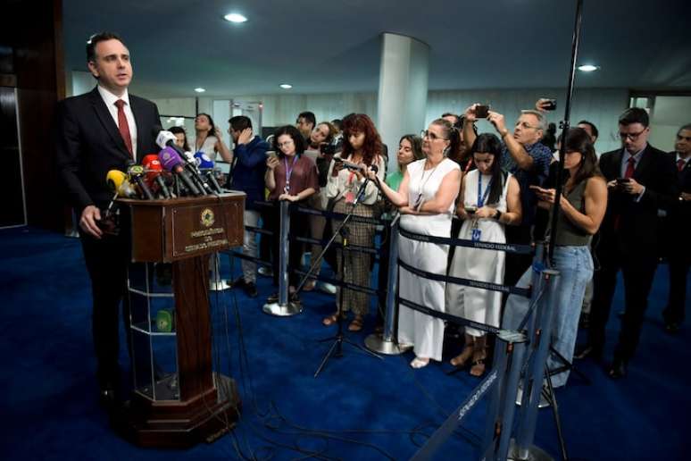 Presidente do Senado Federal, senador Rodrigo Pacheco (PSD-MG), em entrevista coletiva após último dia de atividade legislativa do ano na Casa.