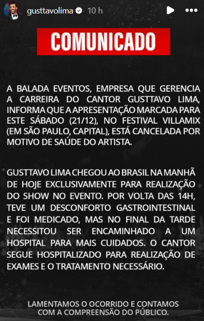 Gusttavo Lima precisou ser internado após desconforto gastrointestinal