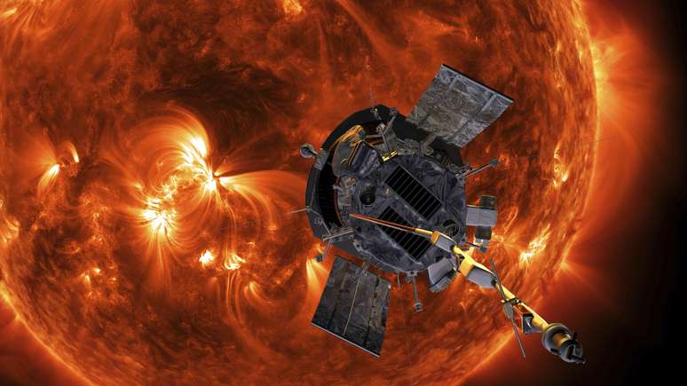 Esta imagem disponibilizada pela NASA mostra uma representação artística da Parker Solar Probe se aproximando do Sol. 