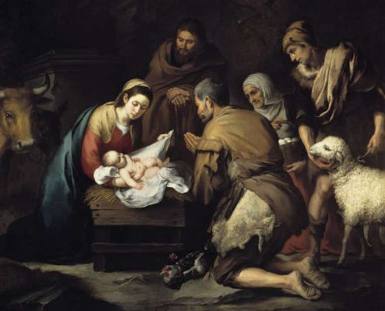 "Adoração dos pastores” (aprox. 1650), de Bartolomé Esteban Murillo: dieta era baseada em pães, azeite, laticínios e vinho, eventualmente complementada com carnes e peixes, e sempre respeitando as leis alimentares judaicas Museo del Prado, CC BY