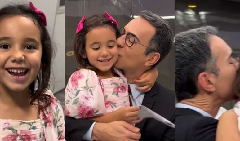 César Tralli enche filha de beijos com visita surpresa de Manu na Globo em dia do aniversário e web se emociona: 'Momento lindo'.