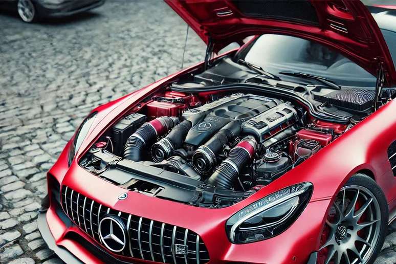 Imagem mostra motor de carro. 