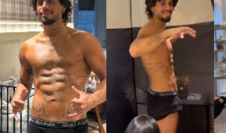 Zé Felipe faz bronzeamento artificial e exibe corpo sarado só de cueca