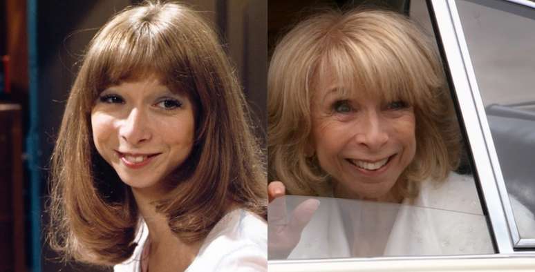 Helen Worth quando começou a interpretar Gail, em 1974, e na recente cena de despedida de sua personagem, após meio século