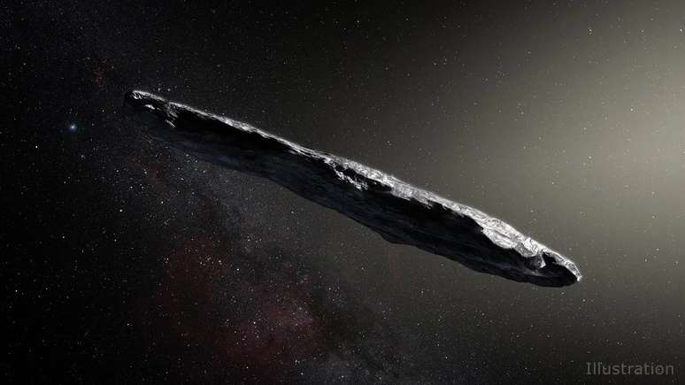 Este conceito artístico mostra o objeto interestelar 1I/2017 U1 ('Oumuamua) após sua descoberta em 2017