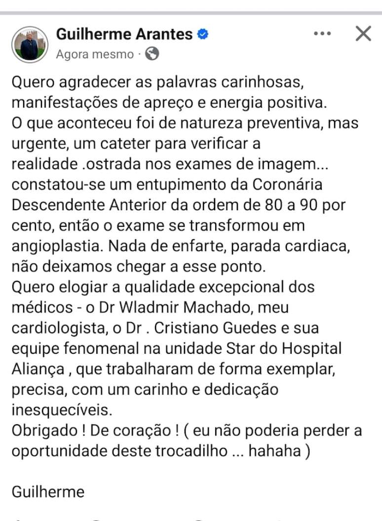 Guilherme Arantes explica internação em post, na manhã deste sábado, 28