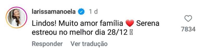 Larissa Manoela comentando na postagem de Luan Santana -