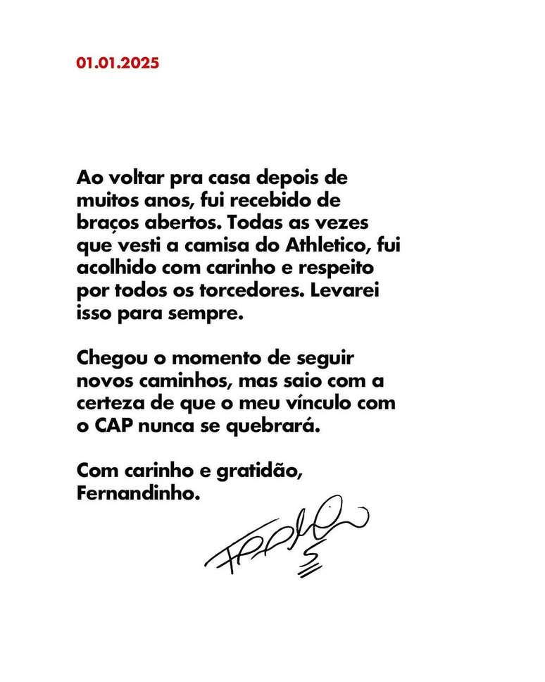 Fernandinho de despediu atrav&eacute;s de uma carta nas redes sociais &ndash;