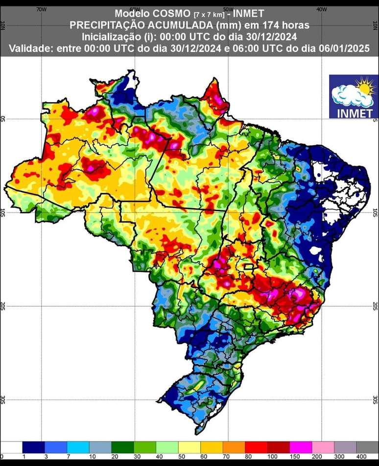 Previsão de chuva (30 de dezembro de 2024 à 06 de janeiro de 2025)