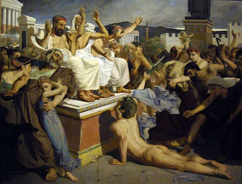 Fidípides dando a notícia da vitória na batalha de Maratona aos atenienses, em obra de Luc-Olivier Merson (1846-1920)