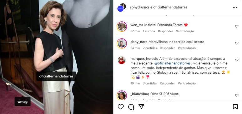 Fãs de Fernanda Torres compartilham expectativas para Globo de Ouro nos posts da atriz: ‘Na torcida’