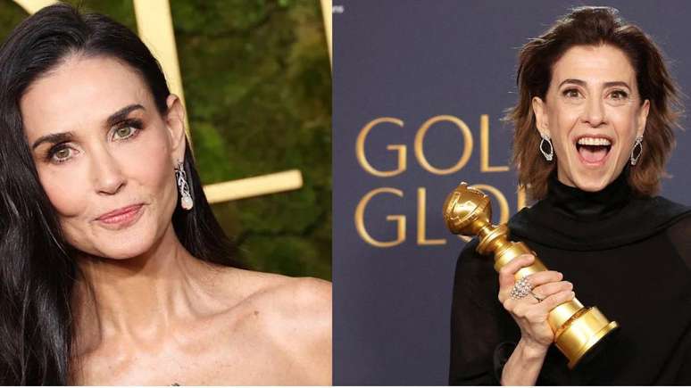 Demi Moore e Fernanda Torres em uma montagem com fotos tiradas na premiação do Globo de Ouro.