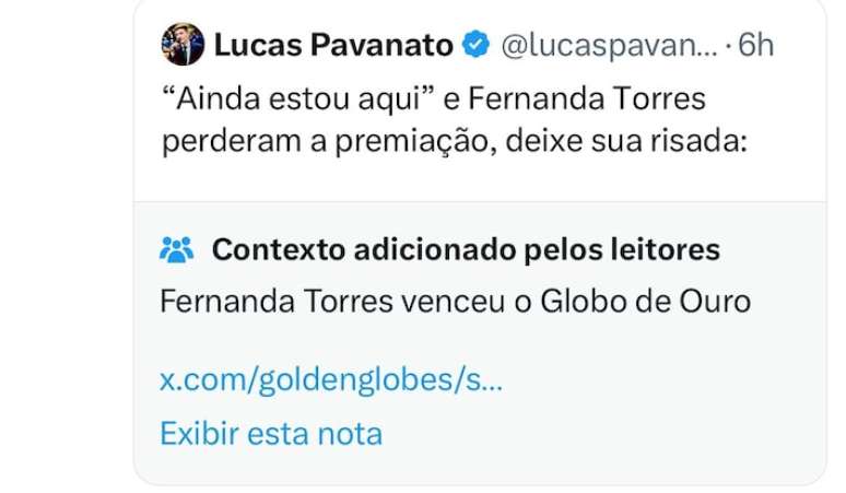 Vereador Lucas Pavanato (PL-SP) erra comentar sobre Fernanda Torres no Globo de Ouro. Atriz venceu a premiação na noite deste domingo, 5.