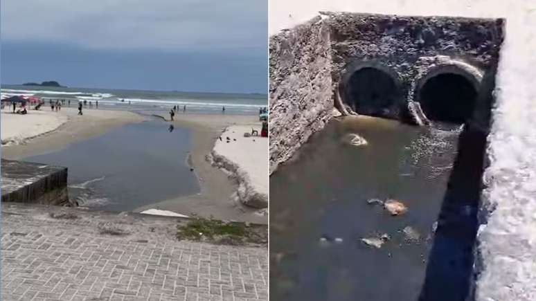 Vazamento de esgoto na Praia da Enseada, em Guarujá (SP)