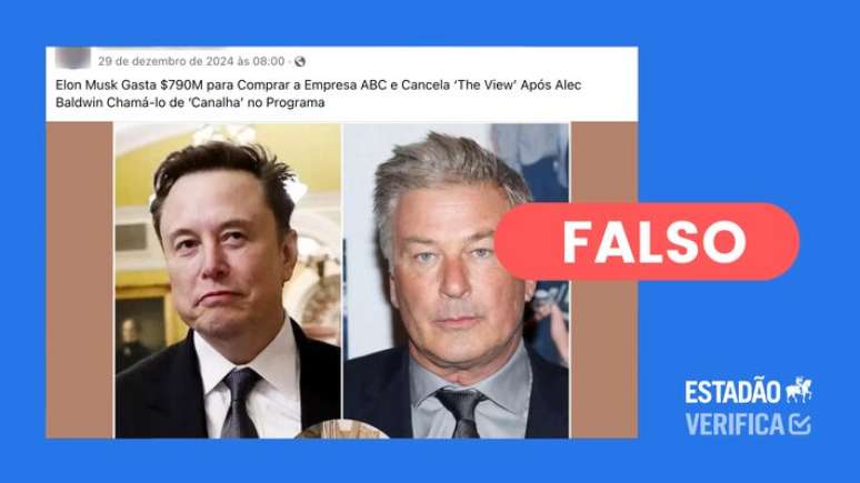 Não há evidências de que Elon Musk tenha comprado a emissora ou que o ator americano Alec Baldwin tenha xingado o bilionário publicamente.