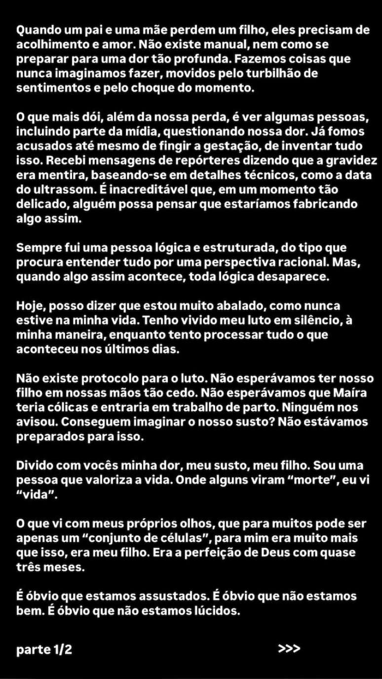 Influenciador fala sobre luto e irracionalidade após Maíra Cardi perder o feto