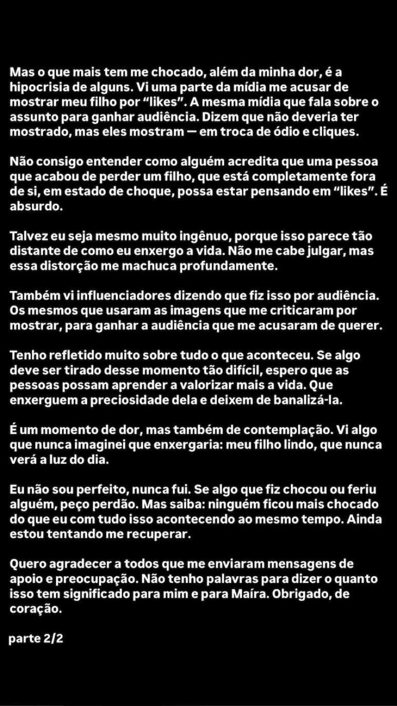 Thiago Nigro se justifica sobre ter postado vídeo do feto que Maíra Cardi perdeu