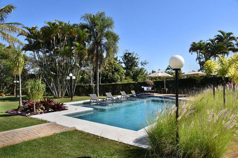 Morador pode refrescar-se ou aproveitar o sol deitado nas espreguiçadeiras da piscina Projeto: Rosangela Pena Arquitetura |