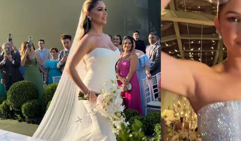 Véu glamouroso e brilho ousado! Camila Ângelo impressiona com dois vestidos luxuosos em novo casamento com Hulk; veja fotos.