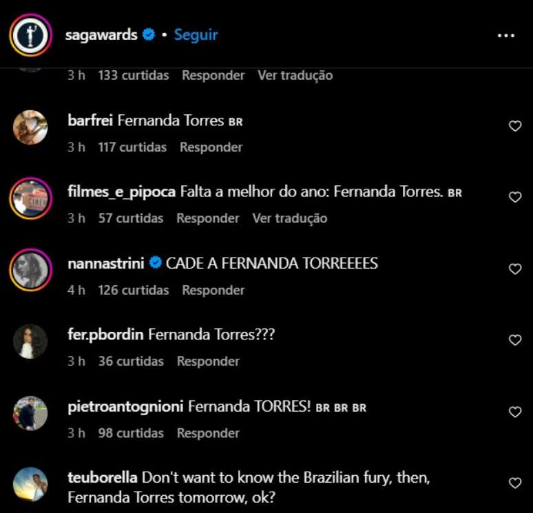 Brasileiros deixaram comentários na publicação da premiação no Instagram