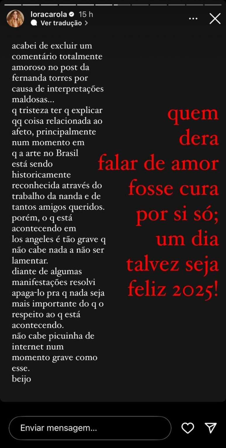 A atriz se justificou após a repercussão negativa do comentário