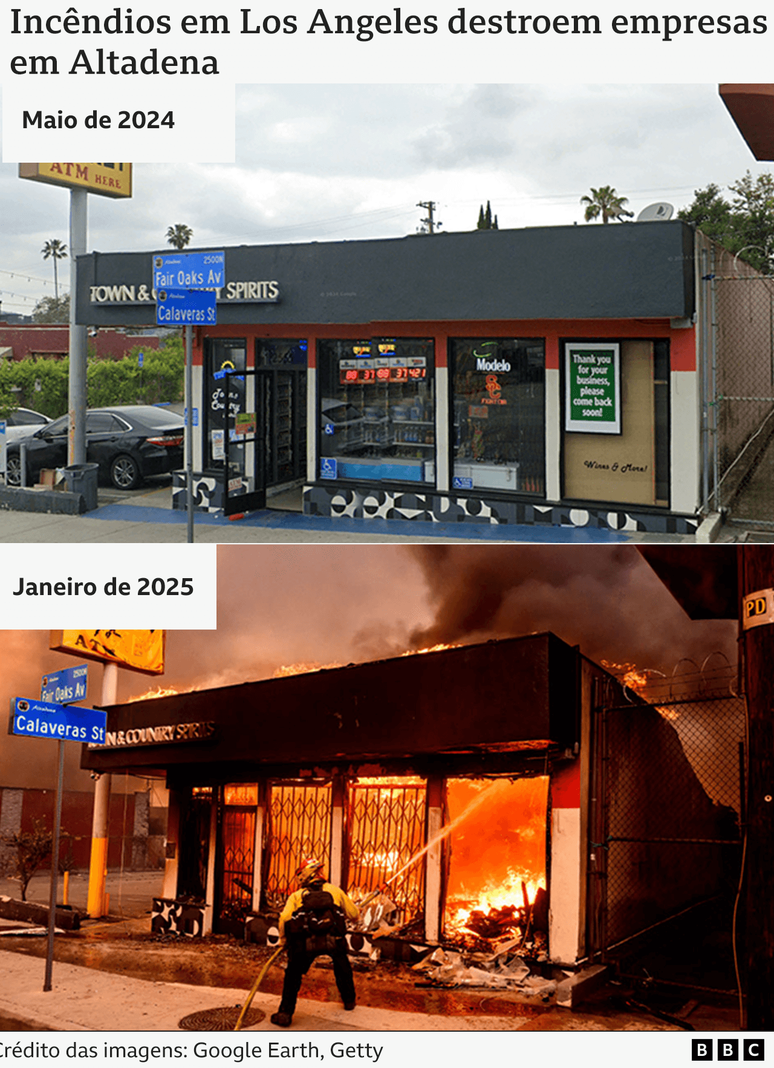 Duas imagens de antes e depois dos incêndios florestais de Los Angeles mostram a devastação de um comércio em Palisades