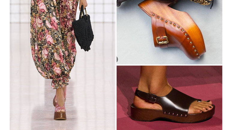 Clogs da Chloé (desfile efoto de cima) e modelo baixo da Hermès (Fotos: Divulgação/Reprodção/Instagram)