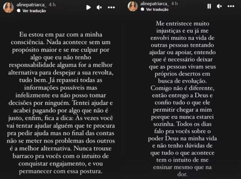 Na ocasião, Aline se justificou em suas redes sociais