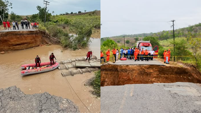 Trecho da Rodovia SE-438 cedeu após fortes chuvas deste domingo, 12, em Capela (SE)