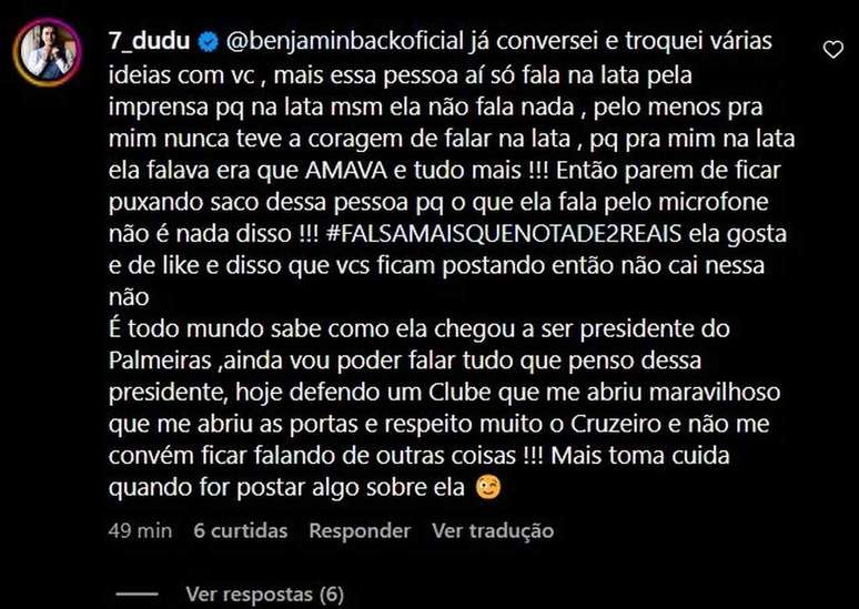 Atacante do Cruzeiro volta a atacar Leila Pereira nas redes sociais –