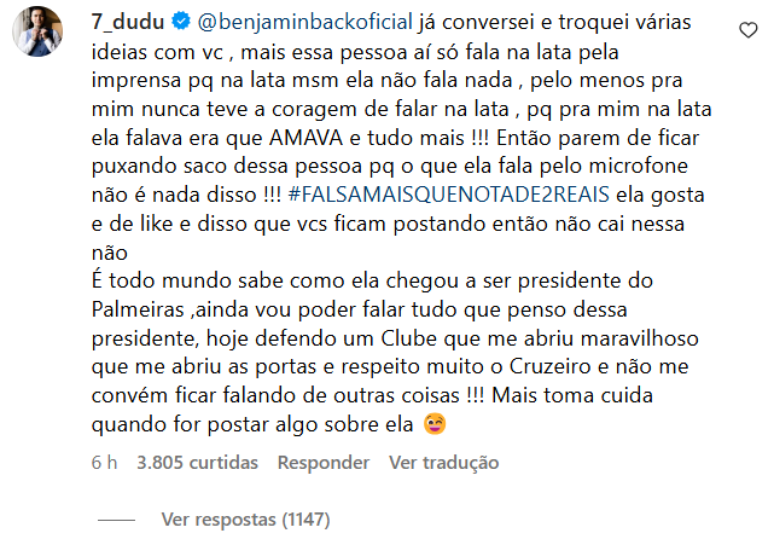 Dudu volta a criticar Leila Pereira em comentário nas redes sociais