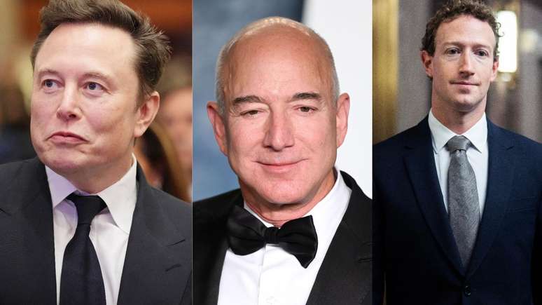 Musk, Bezos e Zuckerberg, respectivamente, os homens mais ricos do planeta em janeiro de 2025.