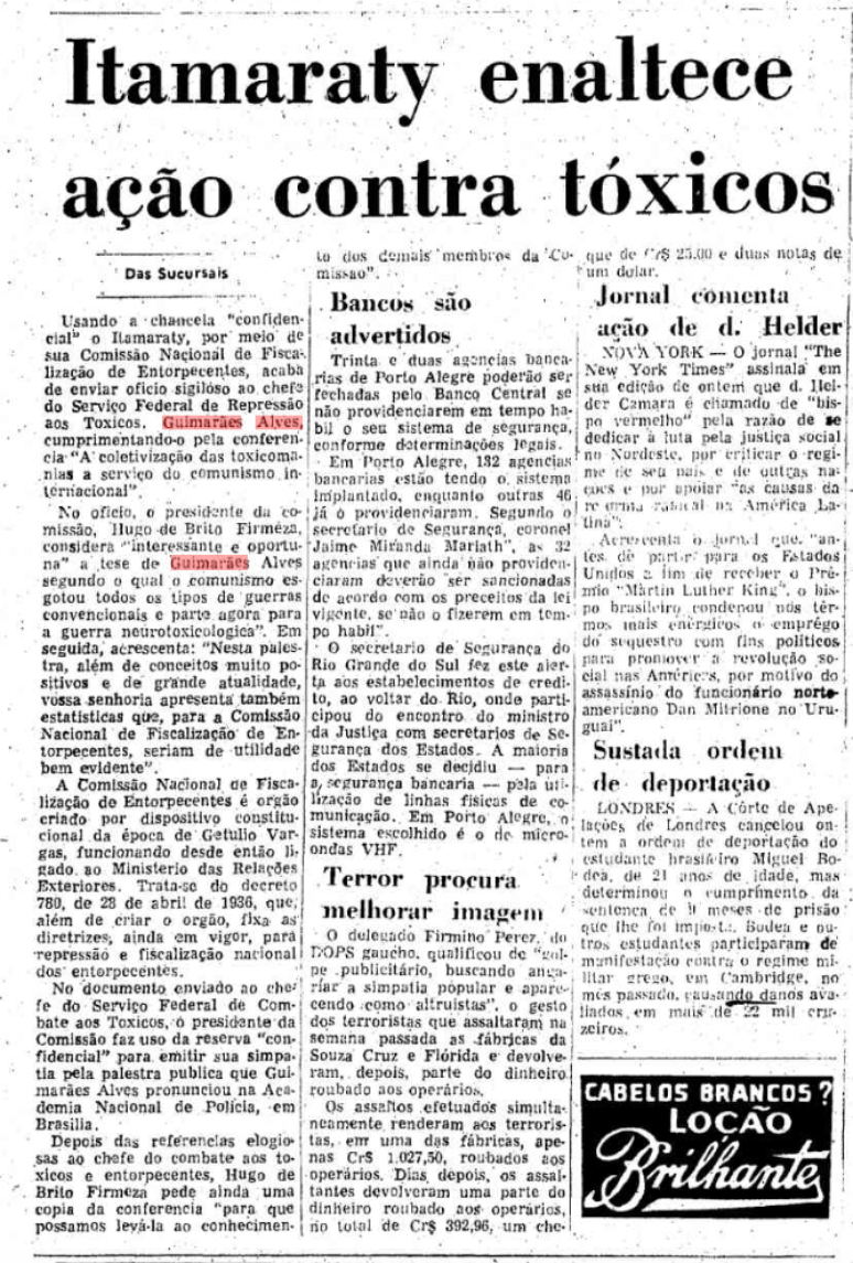 Recorte do Estadão, em 20 de agosto de 1970