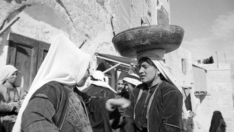 Mercado em Belém em 1935, quando a Palestina estava sob domínio britânico