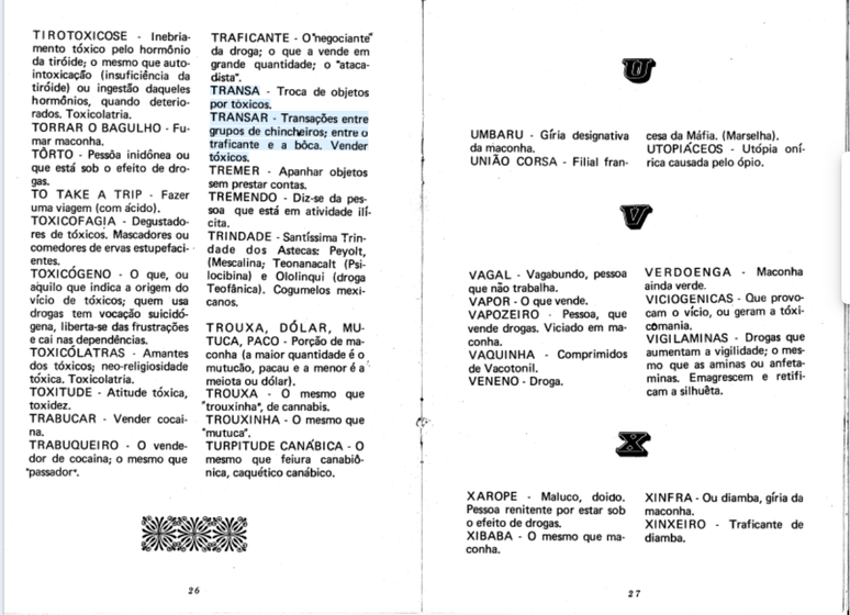 Segundo glossário, os termos "transa" ou "transar" estavam relacionados à venda ou troca de objetos por drogas.