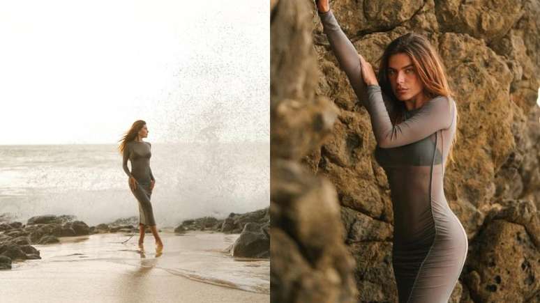 Mariana Goldfarb usando vestido transparente na praia