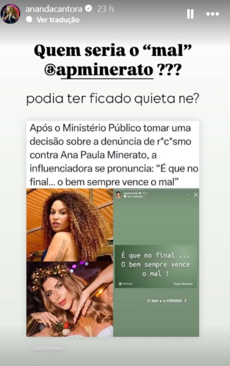 Ananda comenta stories Ana Paula Minerato: "Quem seria o 'mal'?"