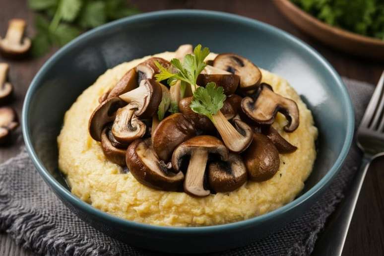 Polenta com cogumelos salteados